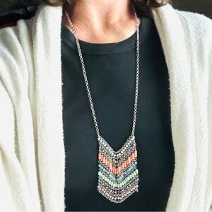 FREE PEOPLE beaded necklace rainbow long beads CHAINLINK statement tiered silver